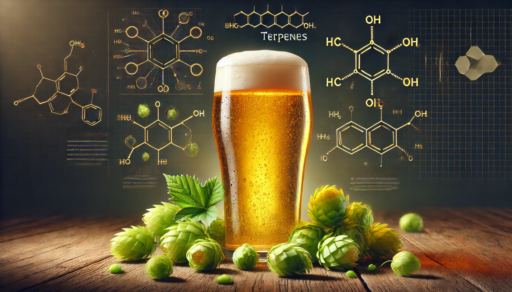 Ett ölglas fyllt med gyllene dryck bredvid färska humlekottar, med schematiska illustrationer av terpener