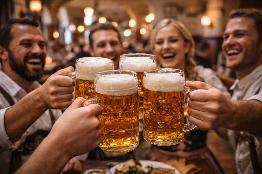 Människor som skålar med öl i en europeisk ölkrog med varm belysning och livlig stämning.